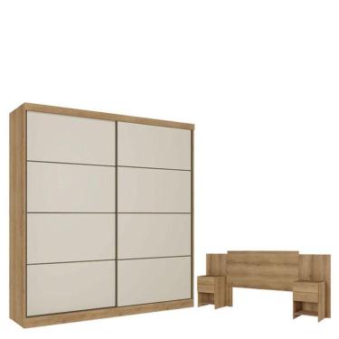 Imagem de Guarda Roupa Casal Malaga 2 Portas Capuccino Off White E Cabeceira Com Mesas De Cabeceira Formosa Capuccino - Thb