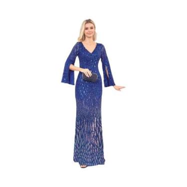 Imagem de Vestidos De Festa Elegantes Em Azul Com Fenda E Manga Longa Para Mulhe