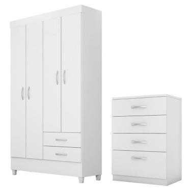 Imagem de Kit Guarda Roupa Solteiro Astro 4 Portas Giratórias 2 Gavetas com Cômoda Astral em MDP Branco