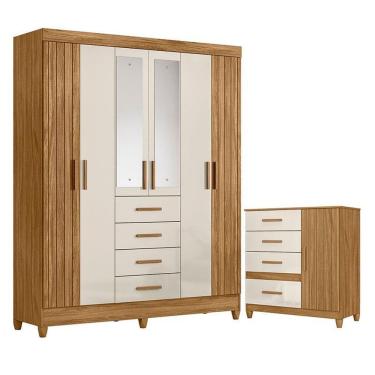 Imagem de Guarda Roupa Solteiro com Cômoda Aruba Vênus 7 Portas Giratórias 8 Gavetas MDP MDF Freijó Off White Brilho