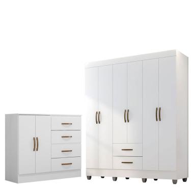 Imagem de Kit Guarda Roupa Casal Lisa 6 Portas de Bater com Cômoda Sapateira 4 Gavetas MDP Textur...