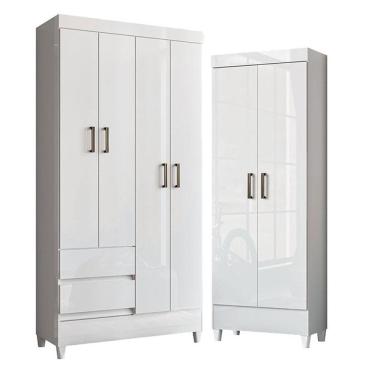 Imagem de Guarda Roupa Solteiro 4 Portas Com Pés Fit Com Armário Multiuso Fit Branco- Santos Andirá