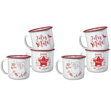 Imagem de Jogo 6 Mini Canecas Esmaltadas Branco Estampa Decor Natal 150ml - Yang