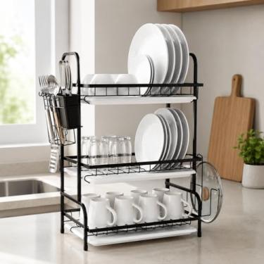 Imagem de MADALEN Escorredor de Louça em Aço Inox 3 Andares com Bandeja Coletora de Água - Grande Capacidade com Suporte para Talheres e Porta-Tábuas – Organizador de Cozinha | Preto
