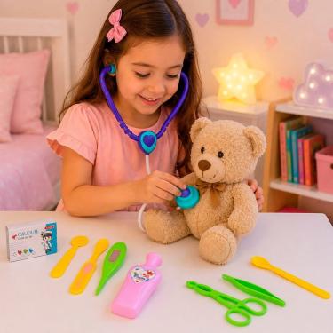 Imagem de Kit Brinquedo Infantil Médico Enfermeiro com 9 Acessórios Estetoscópio Termômetro Plástico Azul