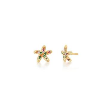 Imagem de BRINCO ESTRELA DO MAR COM CRAVAÇÃO COLORIDA BANHADO A OURO - 1cm x 1cm
