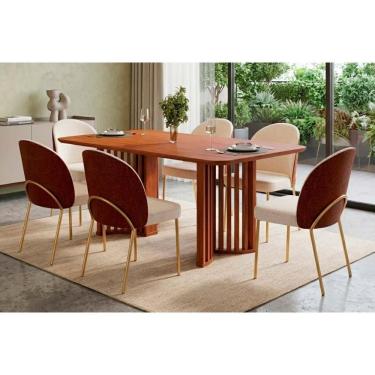Imagem de Conjunto de Jantar Luma 6 Lugares Tampo em Madeira com Cadeiras Boucle Perola e Terracota 170CM DJ Móveis