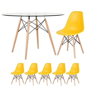 Imagem de Loft7, Kit - Mesa Eames com tampo de vidro 120 cm + 5 cadeiras Eiffel Dsw Amarelo