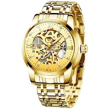 Imagem de Relógios masculinos mecânicos automáticos, autoenroláveis, aço inoxidável, esqueleto luxuoso, à prova d'água, diamante, mostrador de pulso, relógios para homens, Deep gold