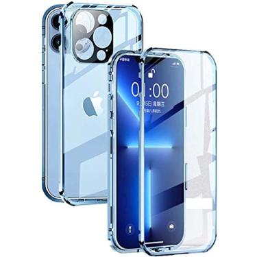 Imagem de HAODEE Capa de telefone transparente de vidro temperado de dupla face, para Apple iPhone 13 Pro (2021) capa de vidro de atração magnética de 6,1 polegadas (cor: azul de pico longe)