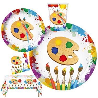Imagem de Serve 24 artigos de festa de aniversário de arte, inclui pratos, guardanapos, toalhas de mesa, ideal para decoração de festa de aniversário e tema de festa de aniversário