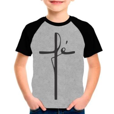Imagem de Camiseta Raglan Fé Gospel Evangélica Cinza Preto Infantil01 - Design C