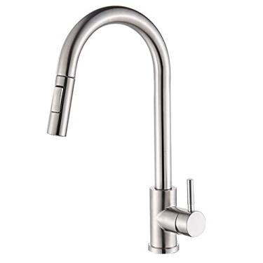 Imagem de Torneira de cozinha misturador de água quente fria torneira de guindaste fluxo de rotação pia torneiras lavagem para cozinha pull-out, níquel, tamanho único