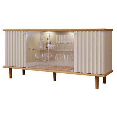 Imagem de Aparador Buffet 2 Portas Ripada e 2 Vidro Temperado Led Pés Em Madeira Janice Cimol Nature/Off White
