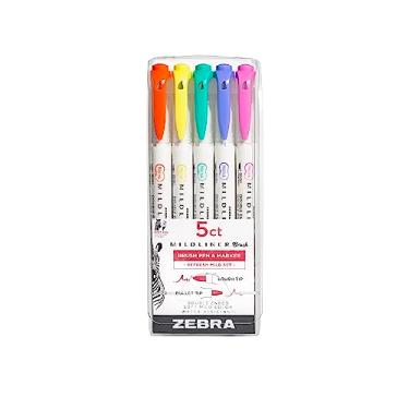Imagem de Zebra Pen Caneta pincel de ponta dupla Mildliner e pontas superfinas, cores de tinta sortidas atualizadas, pacote com 5, multicolorido (79405)
