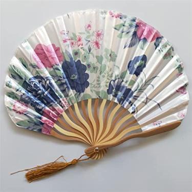 Imagem de Leque dobrável estilo japonês leque de seda ventilador dobrável de bambu chinês vintage em forma de onda quilha dança leques de mão artesanato decoração de casa ornamentos presentes acessórios decorativos feitos à mão (cor: amarelo claro)