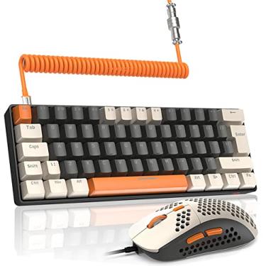 Imagem de LexonElec Teclado e mouse mecânico T60PRO 60% com cabo USB C enrolado, LED RGB retroiluminado teclado para jogos com interruptor azul óptico, mouse RGB programável de 6400 DPI para PC, Mac Gamer (cinza e laranja)