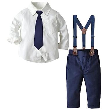 Imagem de SANGTREE Roupa de smoking para bebês, camisa xadrez + calça suspensória, Gravata branca + azul-marinho, 9-12 Meses