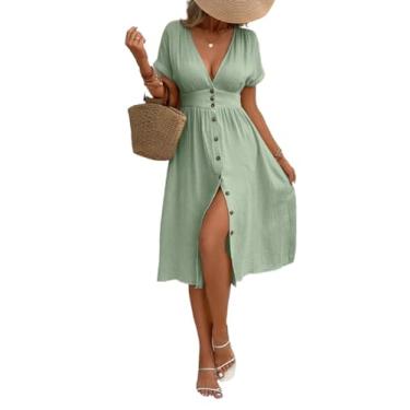 Imagem de Camisa Feminina Solid Button Front A-line Dress (Color : Mint Green, Size : X-Small)