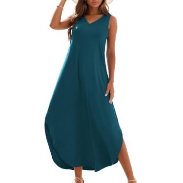 Imagem de Zilcremo Vestido longo feminino casual de verão solto sem mangas gola V dividida camiseta maxi vestidos, Azul-petróleo, XXG