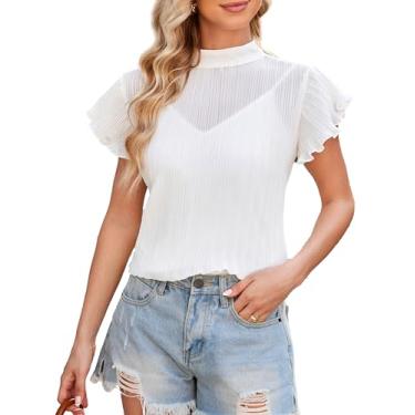 Imagem de GRACE KARIN Conjunto de 2 peças de blusas plissadas de manga curta, gola alta, camisetas de verão com camisola, Branco, G