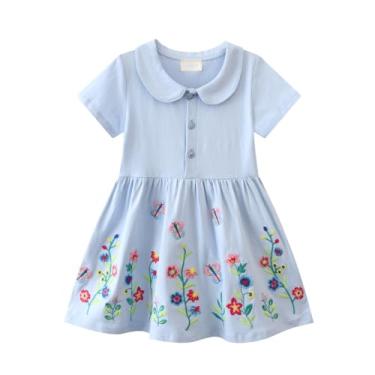 Imagem de FreeLu Roupas infantis para meninas, vestido de desenho animado, casual, manga curta, camiseta de algodão, Flores azul-claro, 5 Anos