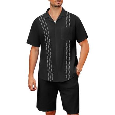 Imagem de YALLET Conjunto de camisa masculina de manga curta, 2 peças de linho, casual, abotoado, roupa de praia havaiana para férias de verão, Preto A, XXG