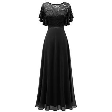 Imagem de DRESSTELLS Vestidos formais femininos para casamento convidada dama de honra longo formatura cintura império vestido de renda vestido de noite 2025, Preto, G