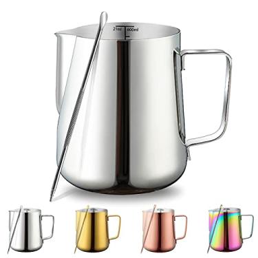 Imagem de Leite Espumante Pitcher 595 g - 620 ml, Aço Inoxidável Kyraton Espresso Cozimento Pitchers com Caneta Decorativa, Xícaras de Espumador de Café Leite Cappuccino Latte Art Barista Vapor Jarras de Leite (Prata)