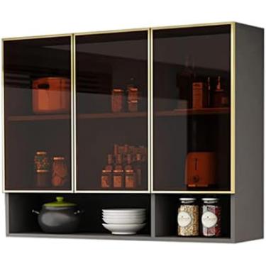 Imagem de Estante flutuante montada na parede, armário de parede de cozinha, rack de exibição de vidro temperado, armários de armazenamento de garagem ou lavanderia, 90 * 30 * 80cm