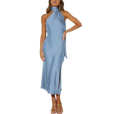 Imagem de Vestido de cetim de verão feminino Elegante gola de lenço sem mangas Cocktail Party Maxi Dresses Sexy Thigh Slit Formal Dress,Blue,M