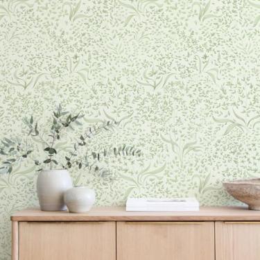 Imagem de Simon&Siff Papel de parede floral vintage folha verde botânica removível papel de parede 43,9 cm x 1,219 cm parede de fazenda francesa mural para quarto banheiro berçário