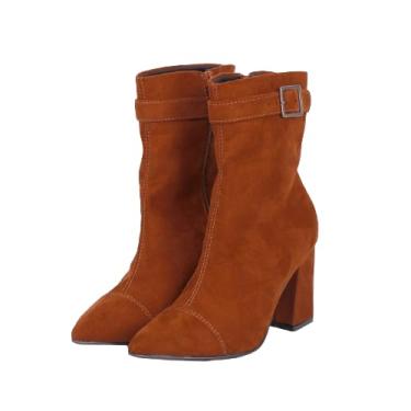 Imagem de Botinha Feminina Cano Baixo Camurça Salto Alto Bloco Bico Fino (Caramelo, BR, Adulto, Numérico, 38)