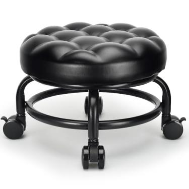 Imagem de LWADALN Banqueta com rodinhas de altura baixa, assento confortável, giratório de 360°, cadeira de rodinhas moderna para escritório em casa, garagem, loja