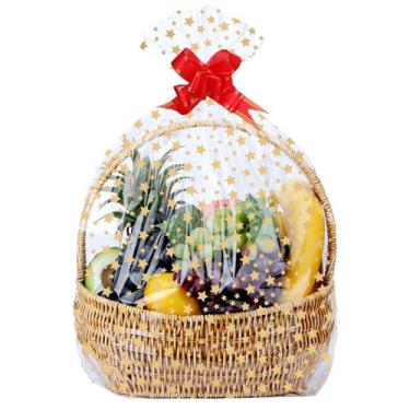 Imagem de ZIMCEMS 15 peças de sacos de embrulho de celofane transparente com estampa de estrela dourada de 45 x 76 cm, sacos de plástico para violoncelo grandes para lembrancinhas de festa, caneca com laços