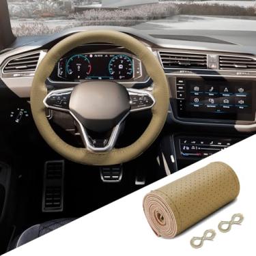 Imagem de CHRYMUM Capa de volante de couro genuíno, costura no envoltório, protetor de volante de carro antiderrapante respirável para diâmetro máximo de 38 cm, serve para carro, caminhão, SUV barco, costura