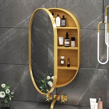Imagem de Generic Armário de Remédios Oval com Espelho, 50x78cm (20x31 Polegadas), Dourado, Preto, Branco, Banheiro
