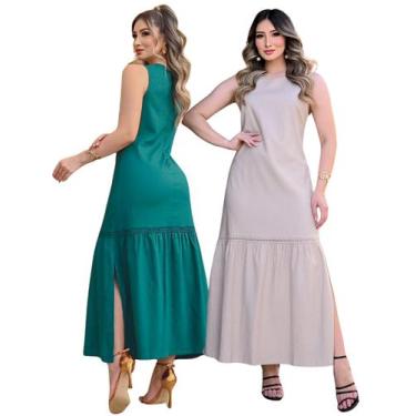 Imagem de Vestido Feminino Longo Com Renda Recorte Na Lateral - Rezes Moda, Bege