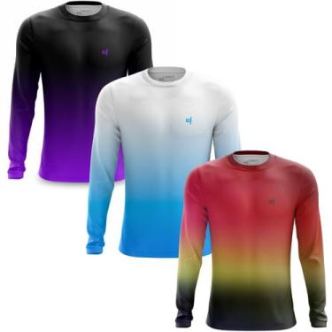 Imagem de Kit 3 Camisa Masculina com Proteção UV Corrida Camiseta Manga Longa To