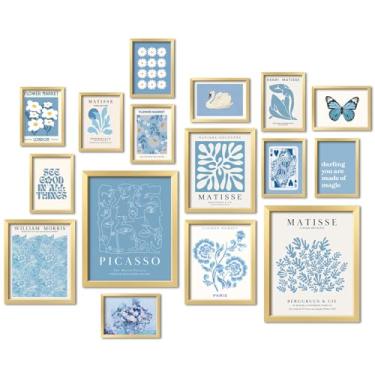 Imagem de ANERZA 16 peças de decoração de parede azul emoldurada, impressões de parede Matisse para quarto, conjunto de moldura de parede de galeria, pôsteres minimalistas para estética de sala de estar, kit de