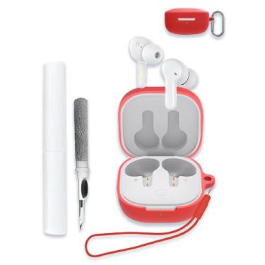 Imagem de Capa para QCY T13 Buds, capa protetora de silicone macio com absorção de choque, capa protetora com chaveiro, cordão e caneta de limpeza - vermelha