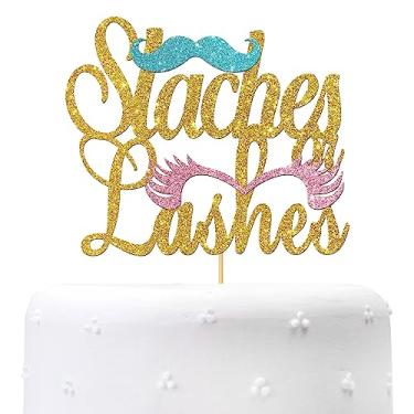 Imagem de Maicaiffe Topo de bolo Staches or Lashes - Revelação de gênero, menino ou menina/ele ou ela/decoração de bolo de festa de chá de bebê, glitter dourado