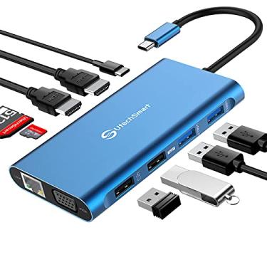 Imagem de UtechSmart Estação de ancoragem 11 em 1, estação de ancoragem USB para laptop de monitores triplos com 2 HDMI, VGA, PD3.0, compartimento para cartão SD TF, 4 portas USB, adaptador USB-C compatível com