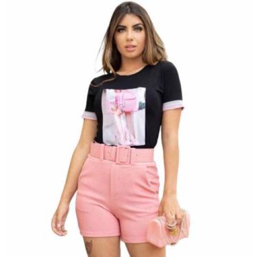 Imagem de Short Alfaiataria Social Feminino Com Cinto Cintura Alta - m & K Shop,
