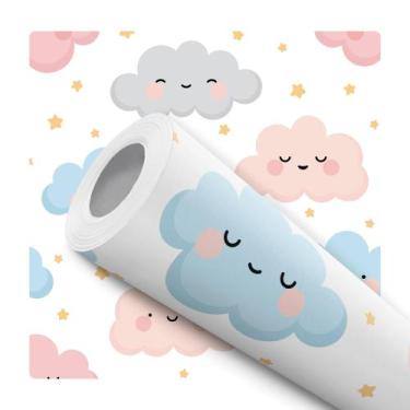 Imagem de Papel de Parede Adesivo Nuvem Rosa Azul Céu Estrela Infantil Bebê Mode