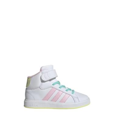 Imagem de adidas Tênis infantil unissex Grand Court de cano médio, Branco/Rosa Claro/Amarelo Gelo, 21