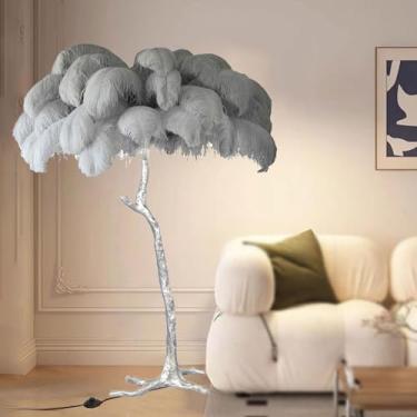 Imagem de Luminária de chão de penas de avestruz natural moderna, luminária de pé simples para sala de estar e quarto, lâmpada de quarto de menina romântica regulável, corpo de luz prata