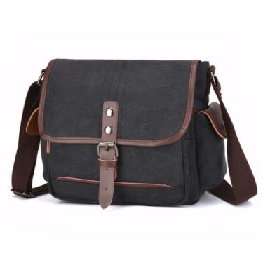 Imagem de Bolsa mensageiro masculina casual de lona transversal com vários bolsos, Preto, 26cm*30cm*14cm.