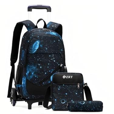 Imagem de 3 mochilas com rodinhas para meninos, bolsas de ensino fundamental e rodas, Céu estrelado - preto e azul, Six Wheels-3Pcs, Casual