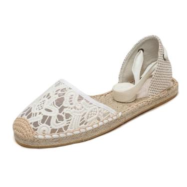 Imagem de U-lite Sandália feminina espadrille rasteira fechada no tornozelo, cadarço clássico verão elegante sapatos rasos, Renda branca, 34